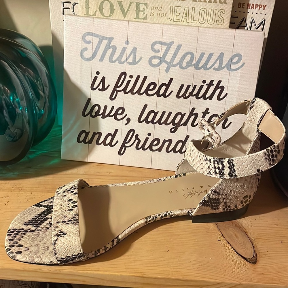 Snake print sandals, cream and black